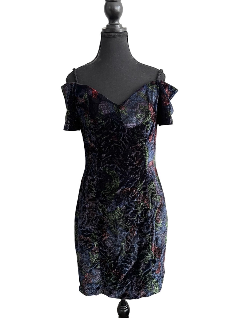 Vintage 80s Crushed Velvet Multicolor Off-Shoulder Mini Dress